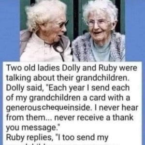 Dolly and Ruby, two elderly women, were chatting about their grandchildren